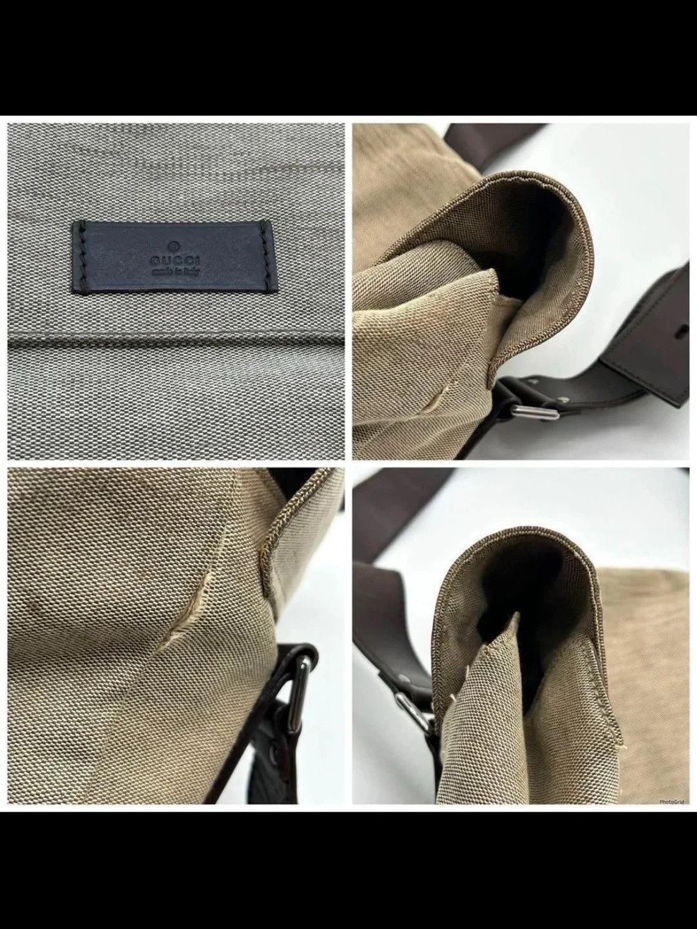 Gucci Beige Canvas Messenger Bag with Dark Brown Leather Strap